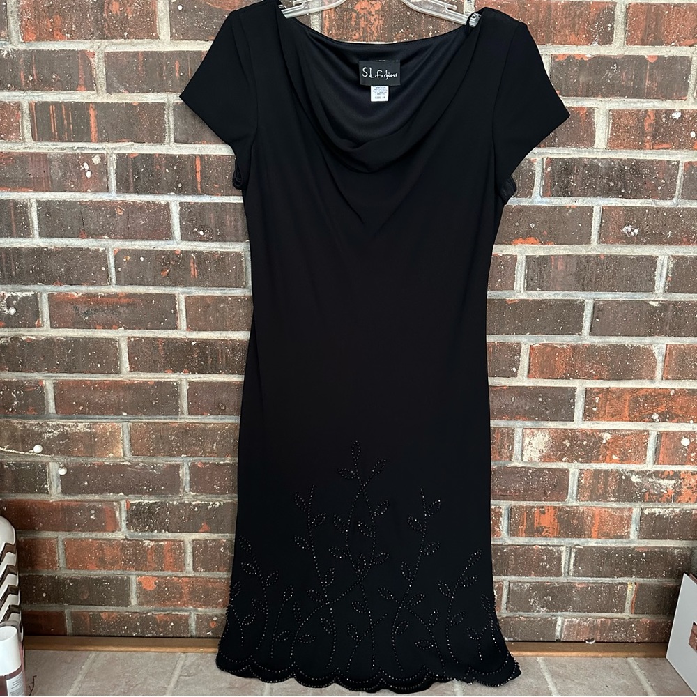 Black Short Sleeve Cowl Neck Midi Beaded S.L. Fashions Dress